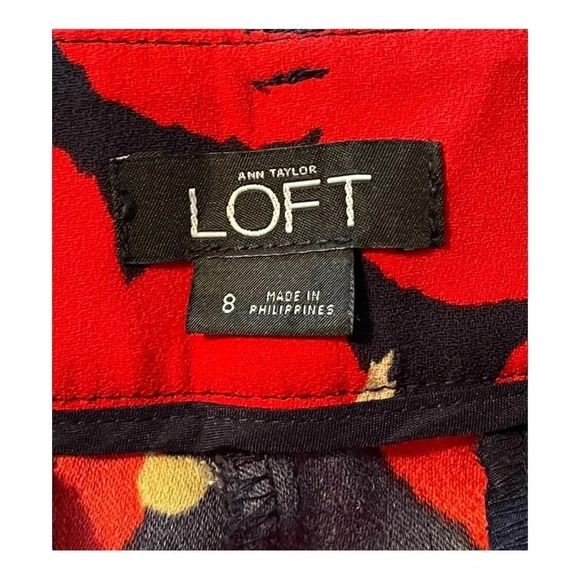 LOFT FLORAL WIDE LEG CROPPED PANTS BRIGHT RED YELLOW BLACK POCKETS SIZE 8 - Picture 7 of 9